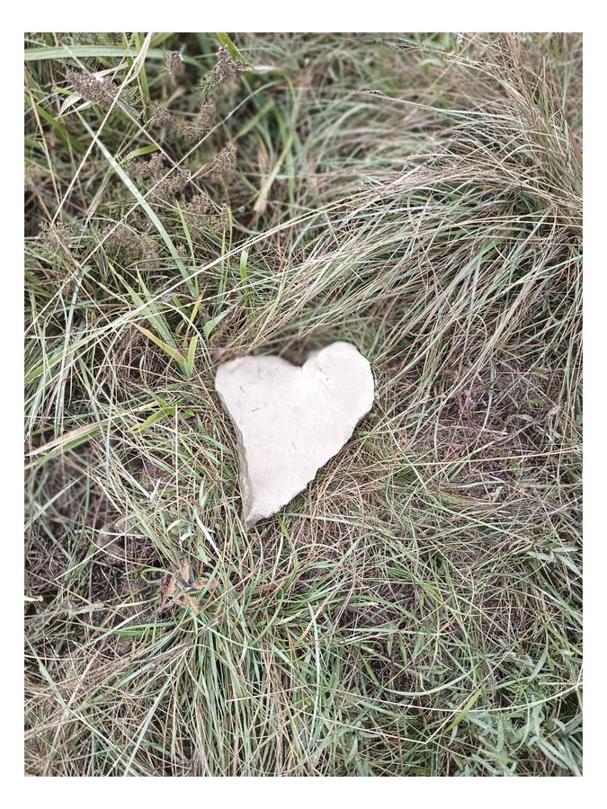 A heart-shaped stone resting in the grass